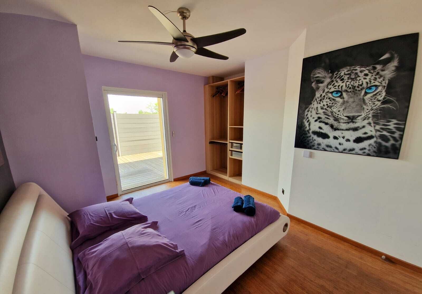 A bedroom with a bed, a ceiling fan, a wardrobe, and a leopard painting.
