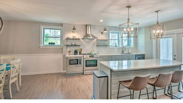 A modern kitchen with a central island, built-in appliances, and pendant lighting. - Hidden Lake Sanctuary  (West Union)