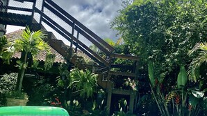 Une piscine avec un pont en bois et une végétation luxuriante.