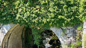 A stone bridge over a stream with a wooden railing, surrounded by greenery and a stone wall.