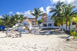 Een strand met ligbedden en palmbomen.