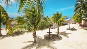 A beach with palm trees, thatched umbrellas, and lounge chairs.