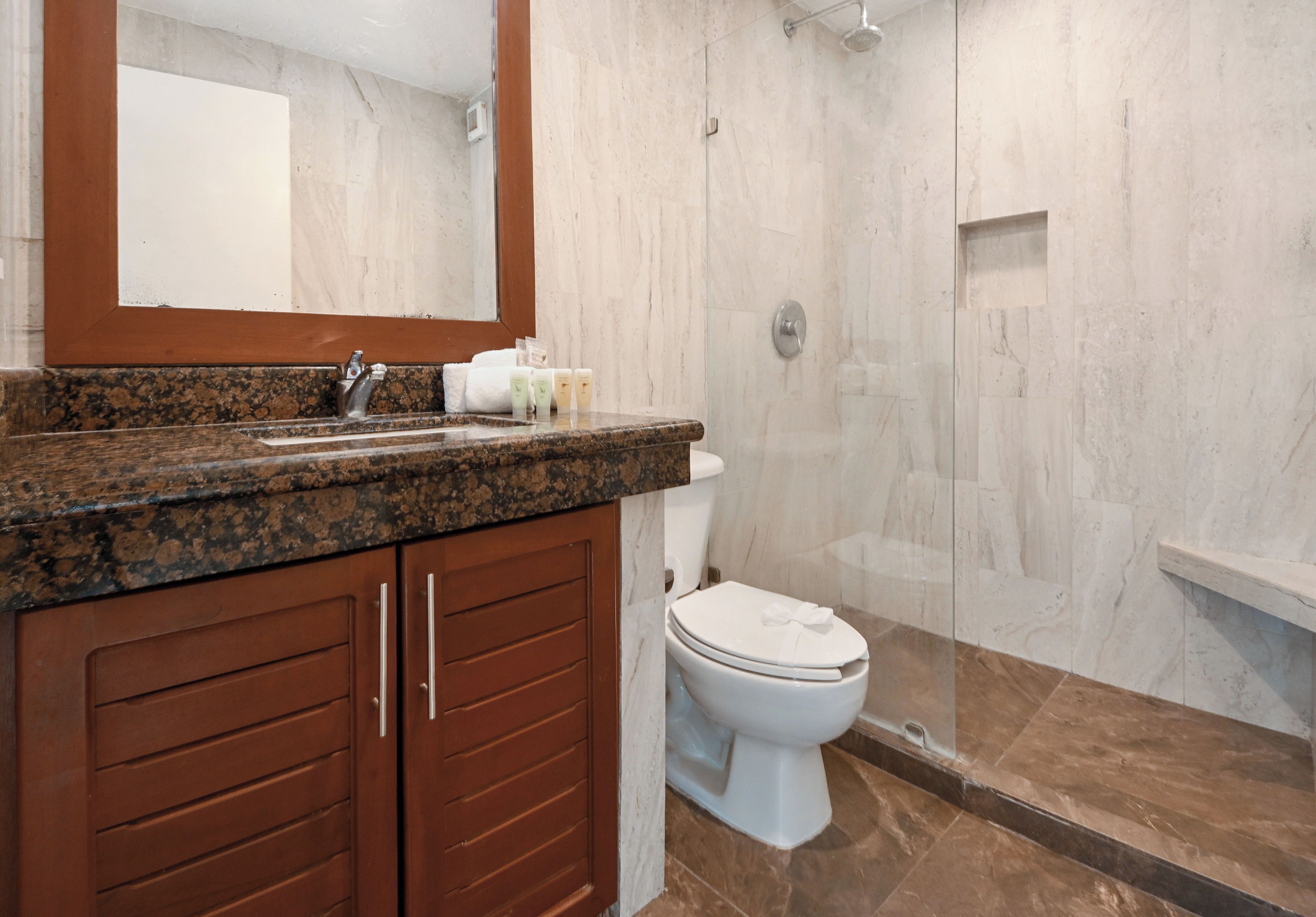 A bathroom with a granite countertop, a white toilet, a shower area, and a wooden cabinet.