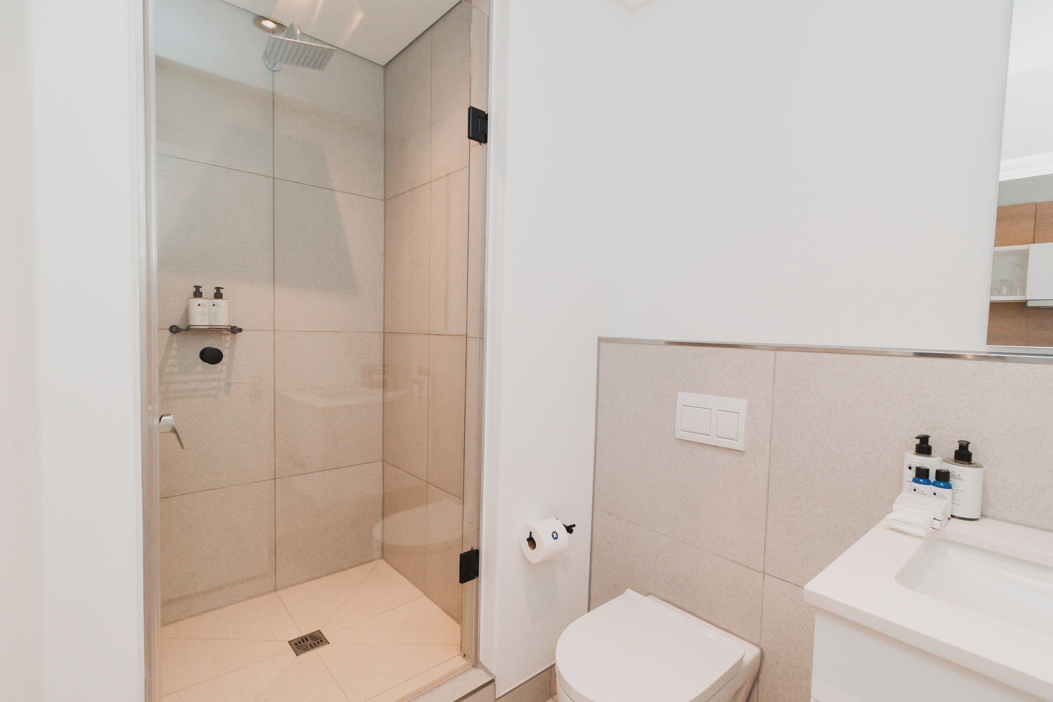 Shower, pancuran hujan, pengering rambut, dan handuk