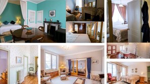 Cozy rooms feature comfortable beds, fireplaces, and windows with views.