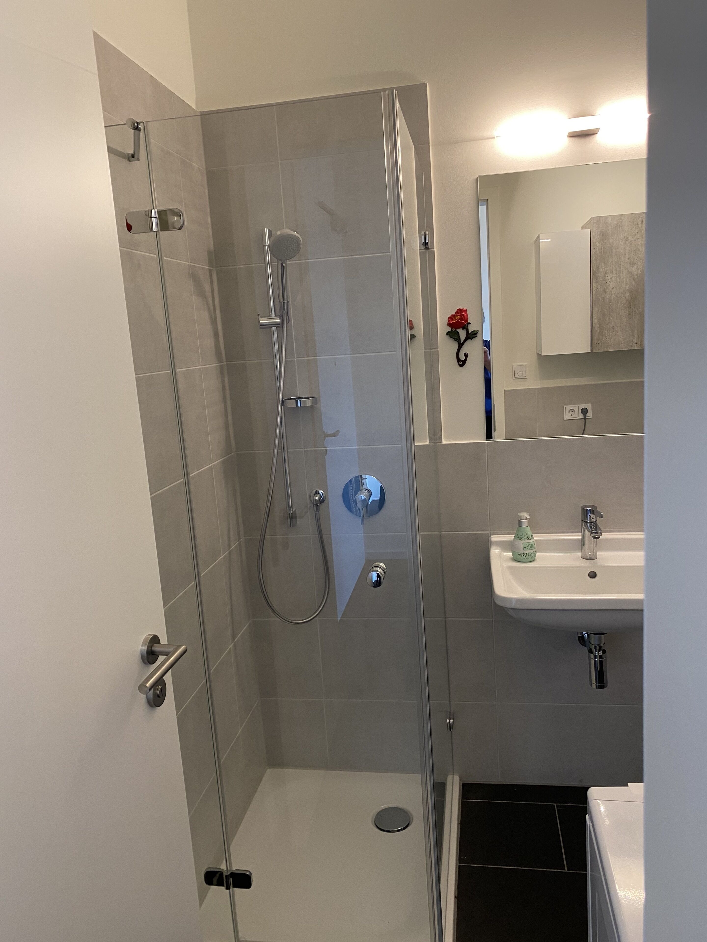 Duschwanne, Handtücher, Seife, Toilettenpapier