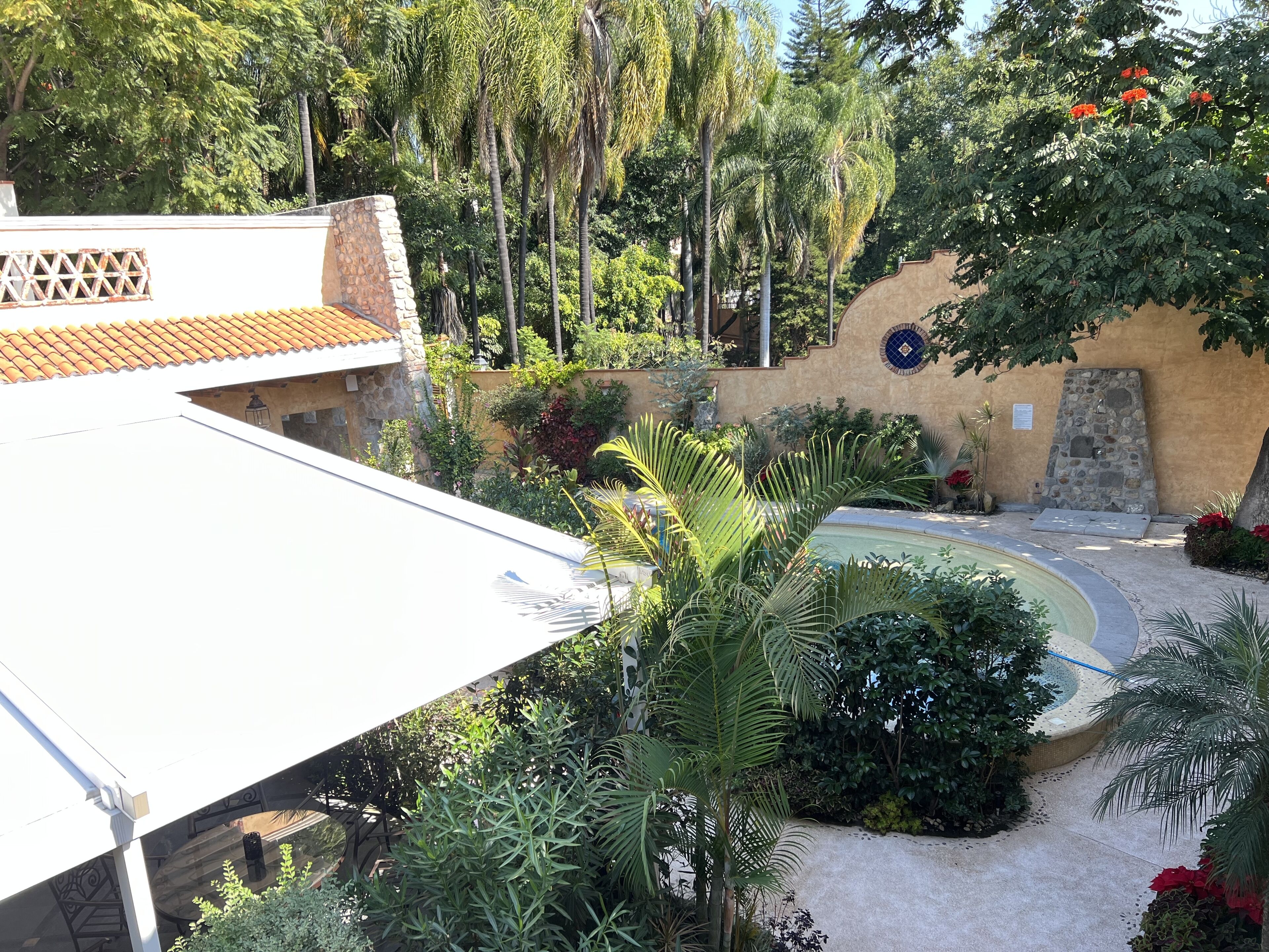 Pátio com piscina, cercado por vegetação exuberante e um muro de pedra.