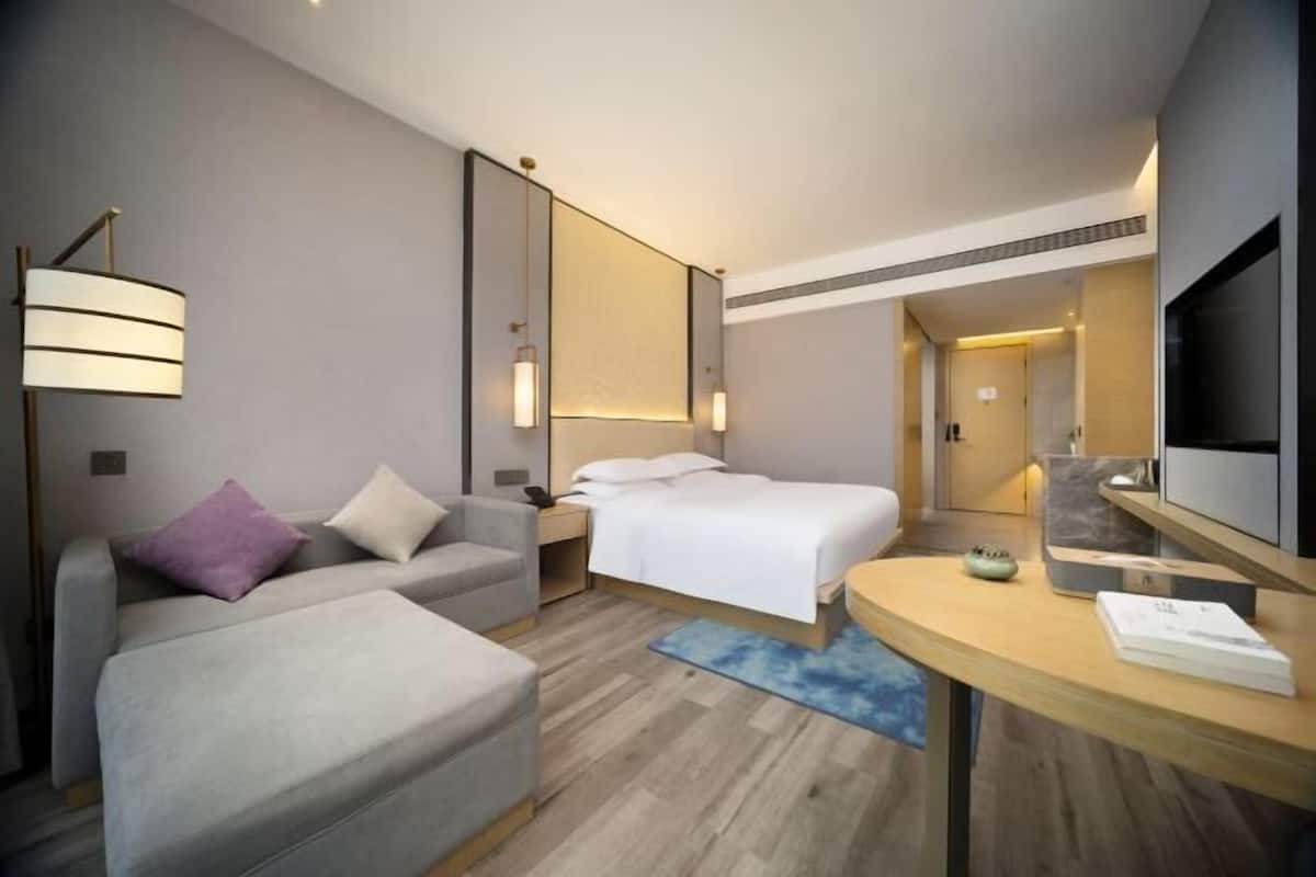 Una habitación de hotel moderna con una cama, un sofá, un escritorio y una televisión.