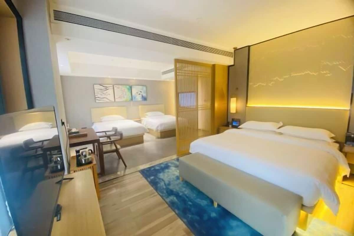 Habitación de hotel con una cama grande, un escritorio, una silla, un televisor y obras de arte en la pared.