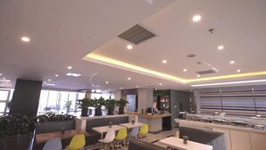 A modern restaurant with a bar area, seating with colorful chairs, and potted plants.