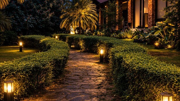 Un camino de piedra que lleva a un edificio con techo rojo, rodeado de abundante vegetación e iluminado por luces de jardín.