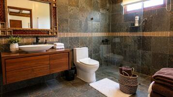 Shower, hair dryer, towels, soap