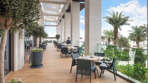 A spacious outdoor dining area with modern furniture and large planters, overlooking a garden with palm trees. - Address Beach Resort Fujairah (Al Aqah)