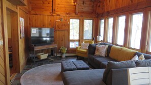 Smart TV, fireplace, video games, DVD player