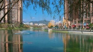 Un río tranquilo con reflejos de edificios y árboles, rodeado de altos edificios residenciales.
