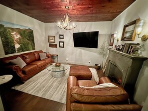 TV connectée, cheminée, livres, écrans d'ordinateur