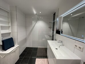 Shower, hair dryer, towels, toilet paper