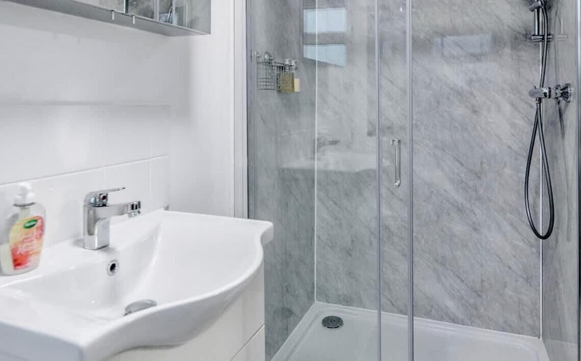 Shower, hair dryer, shampoo