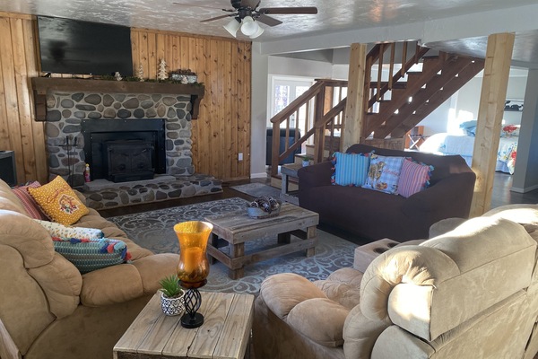 TV connectée, cheminée, livres