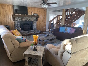 Smart TV, chimenea y libros 