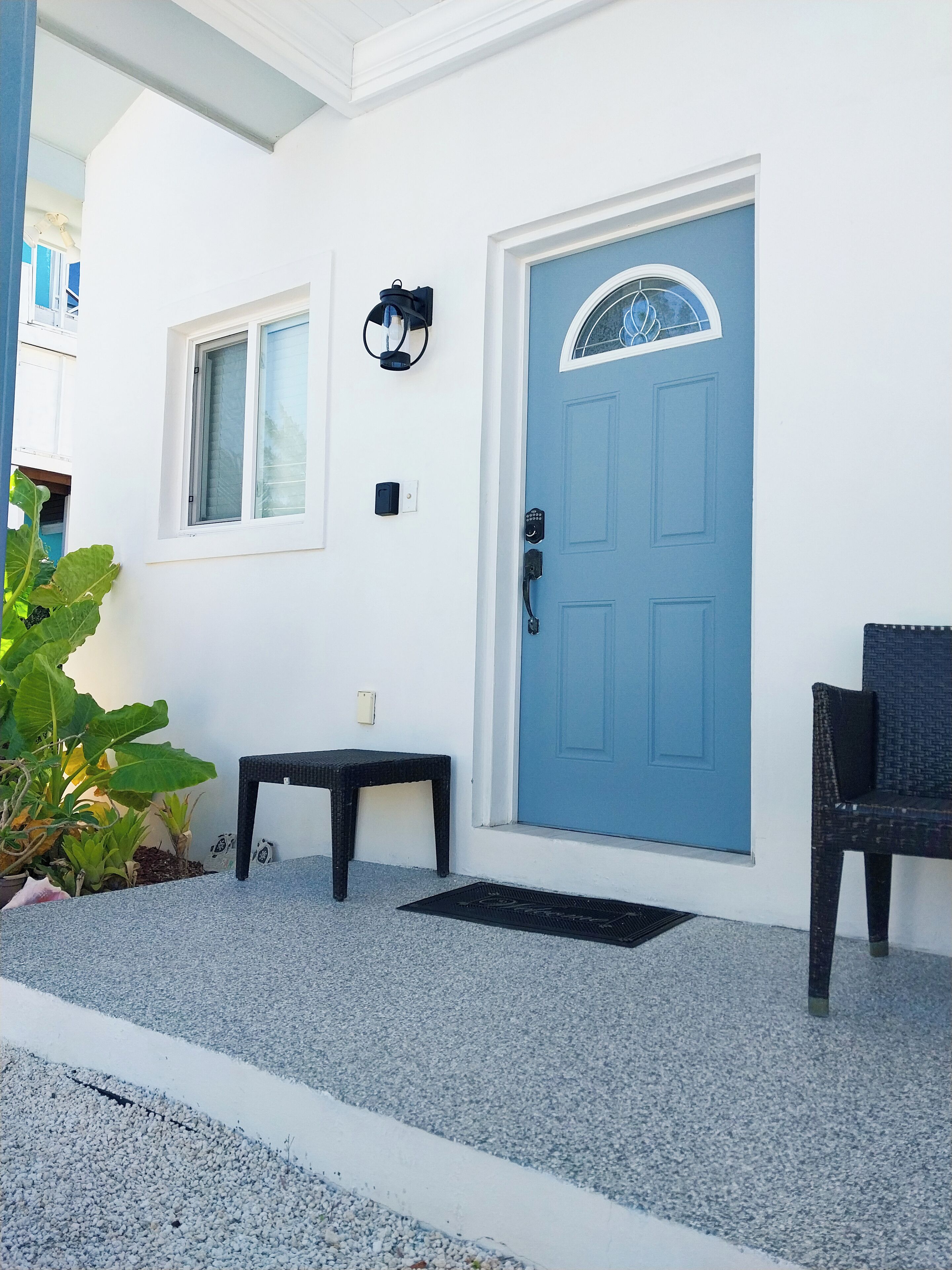 A blue door with a small window above it, a black bench, and a potted plant to the left.