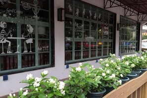 A building with large windows, some with drawings of people and text, and a row of potted plants with white flowers. - Hantang Hotel (Taining)