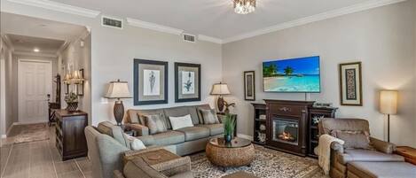 TV, fireplace