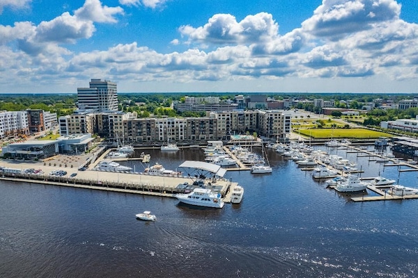 An aerial view of the marina.