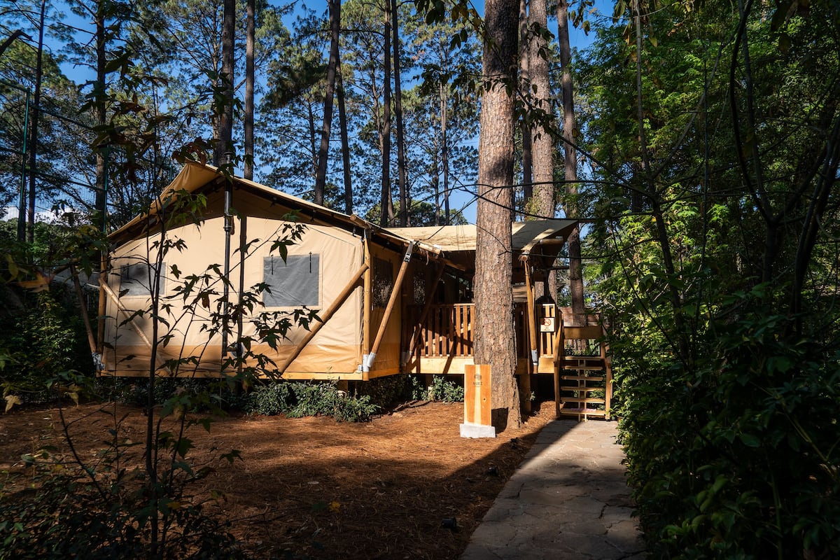 A tented accommodation with a wooden deck and a staircase leading to a loft area.
