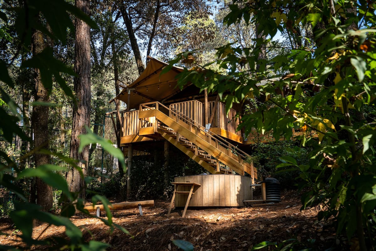 A wooden treehouse with a wooden staircase and a small deck.