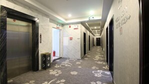 Un pasillo de hotel con paredes de mármol, una alfombra estampada y varias puertas, incluyendo un ascensor.