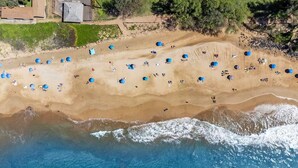 An aerial view of a beach with numerous blue umbrellas and people.