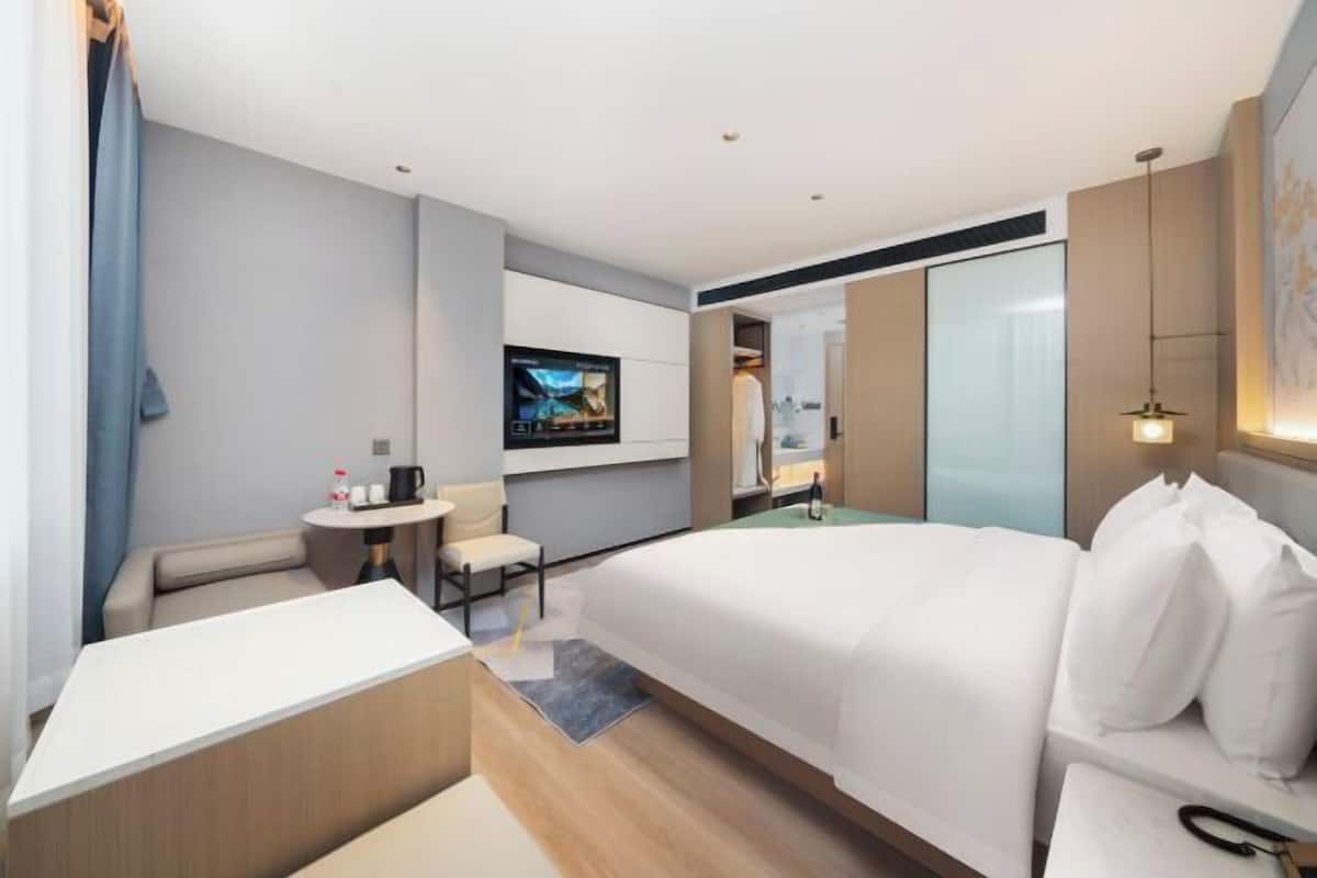 Una habitación de hotel moderna con una cama, un escritorio, una silla, un televisor y un armario.