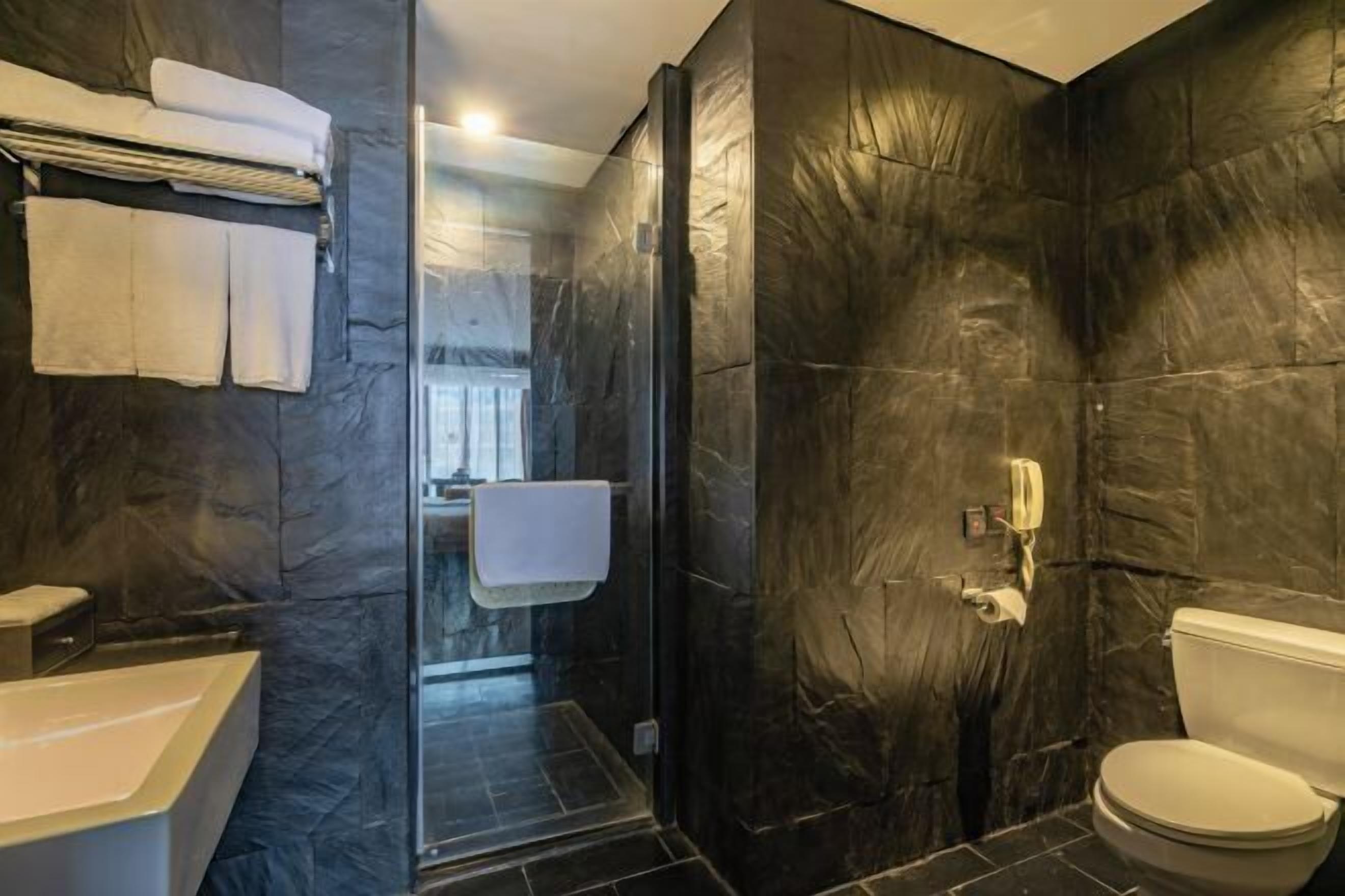 A modern bathroom with a glass shower enclosure, a bathtub, and a toilet.