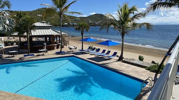 On the beach, beach umbrellas, beach towels, beach bar