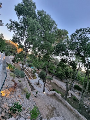 A landscaped garden with pathways, trees, and a pool area.