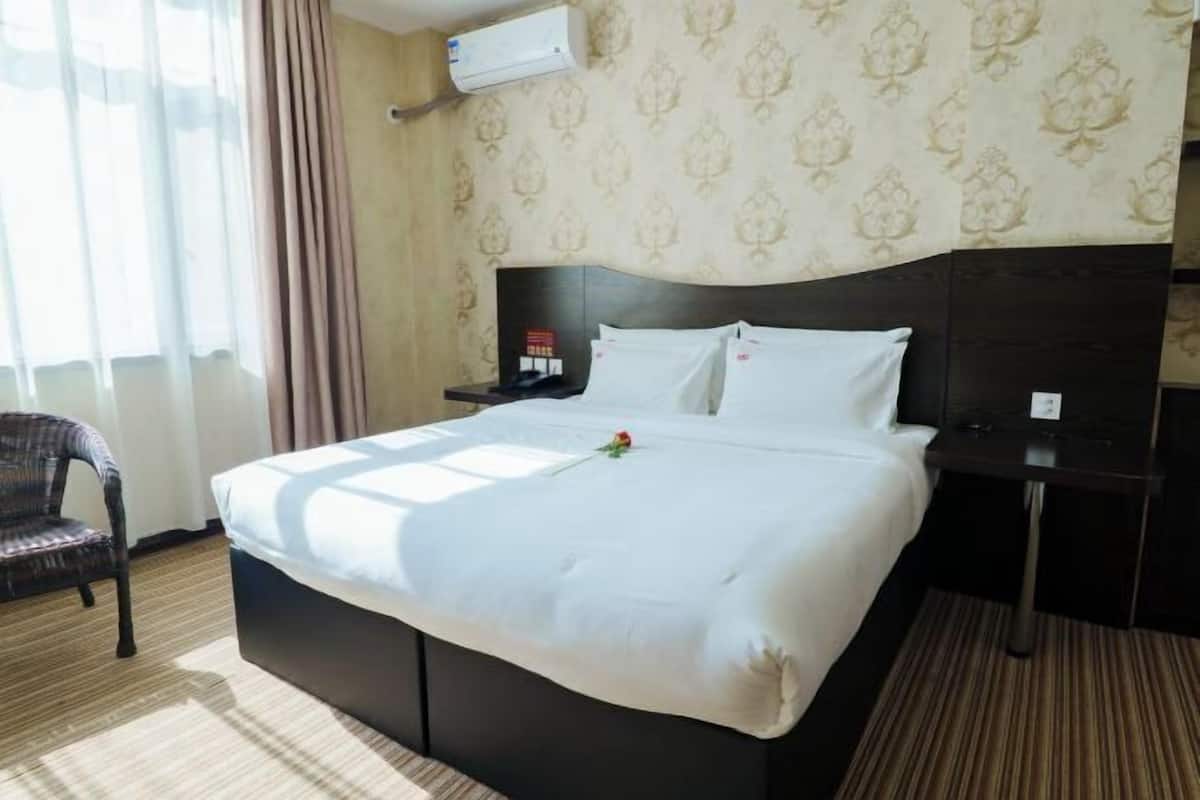 Habitación de hotel con una cama grande, una mesita de noche, una silla y un aire acondicionado de pared.