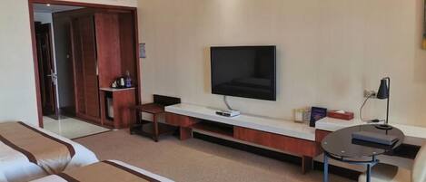 A hotel room with a TV, a desk, a chair, and two beds.