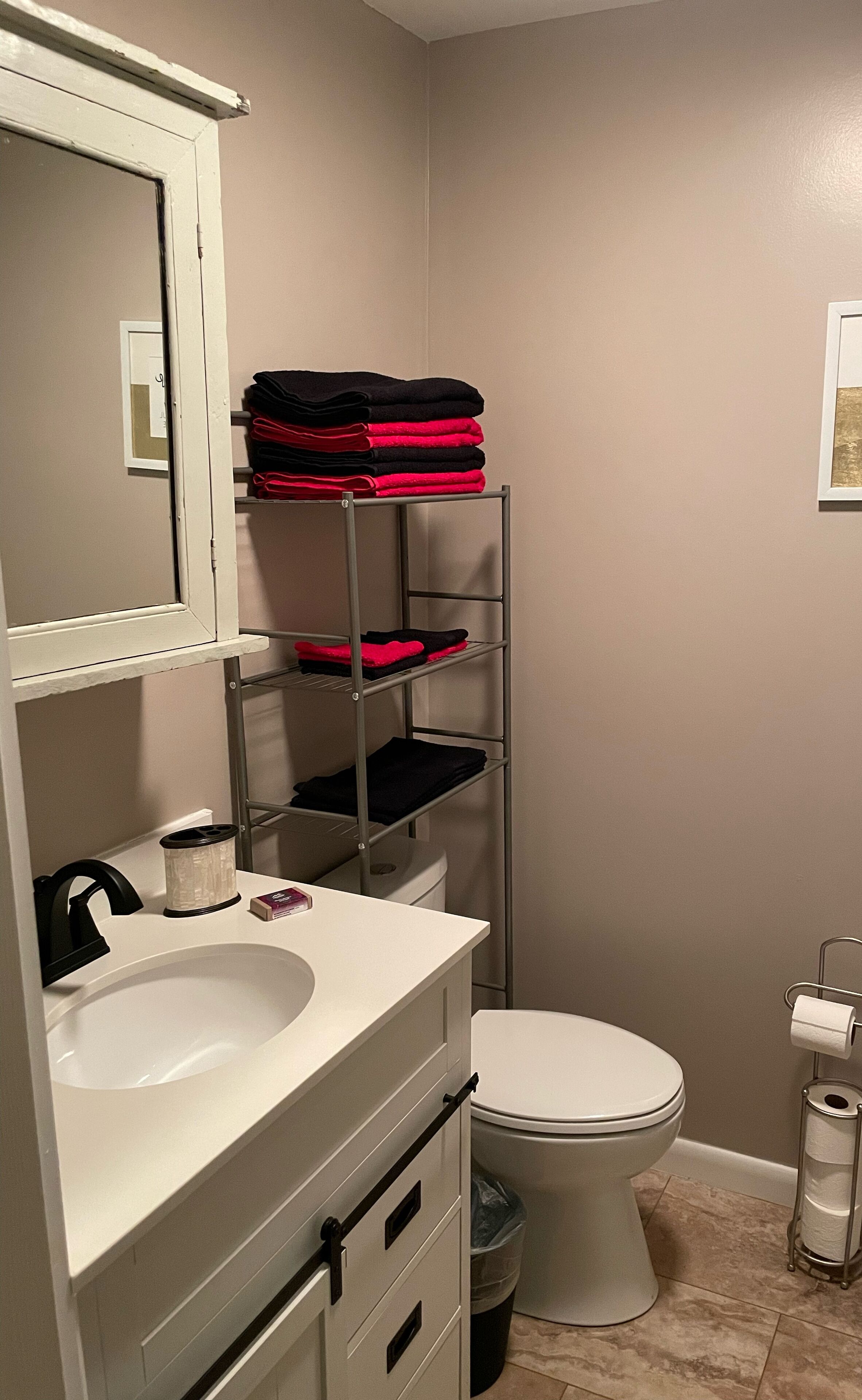 Shower, towels, toilet paper