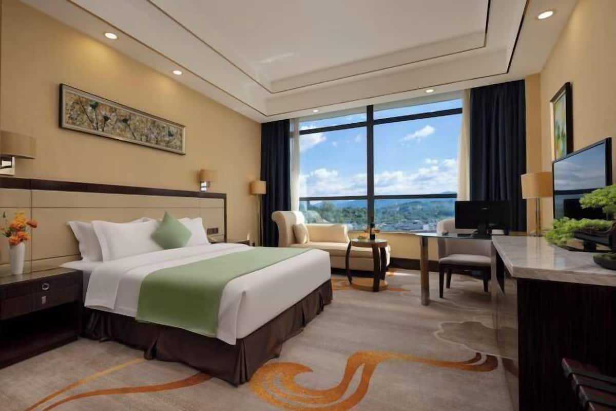 Habitación de hotel con una cama grande, un escritorio, una silla, un televisor y vistas al exterior.