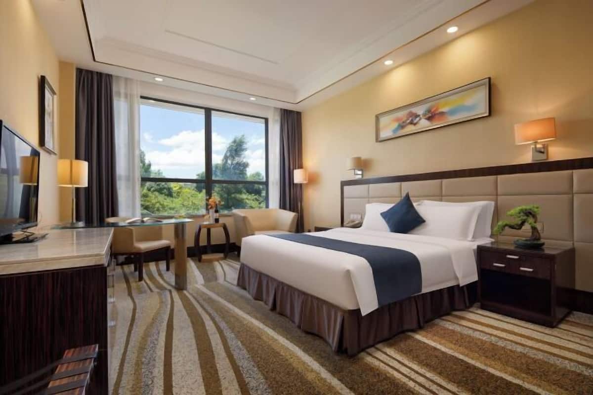 Habitación de hotel con una cama grande, un escritorio, una silla y un televisor.