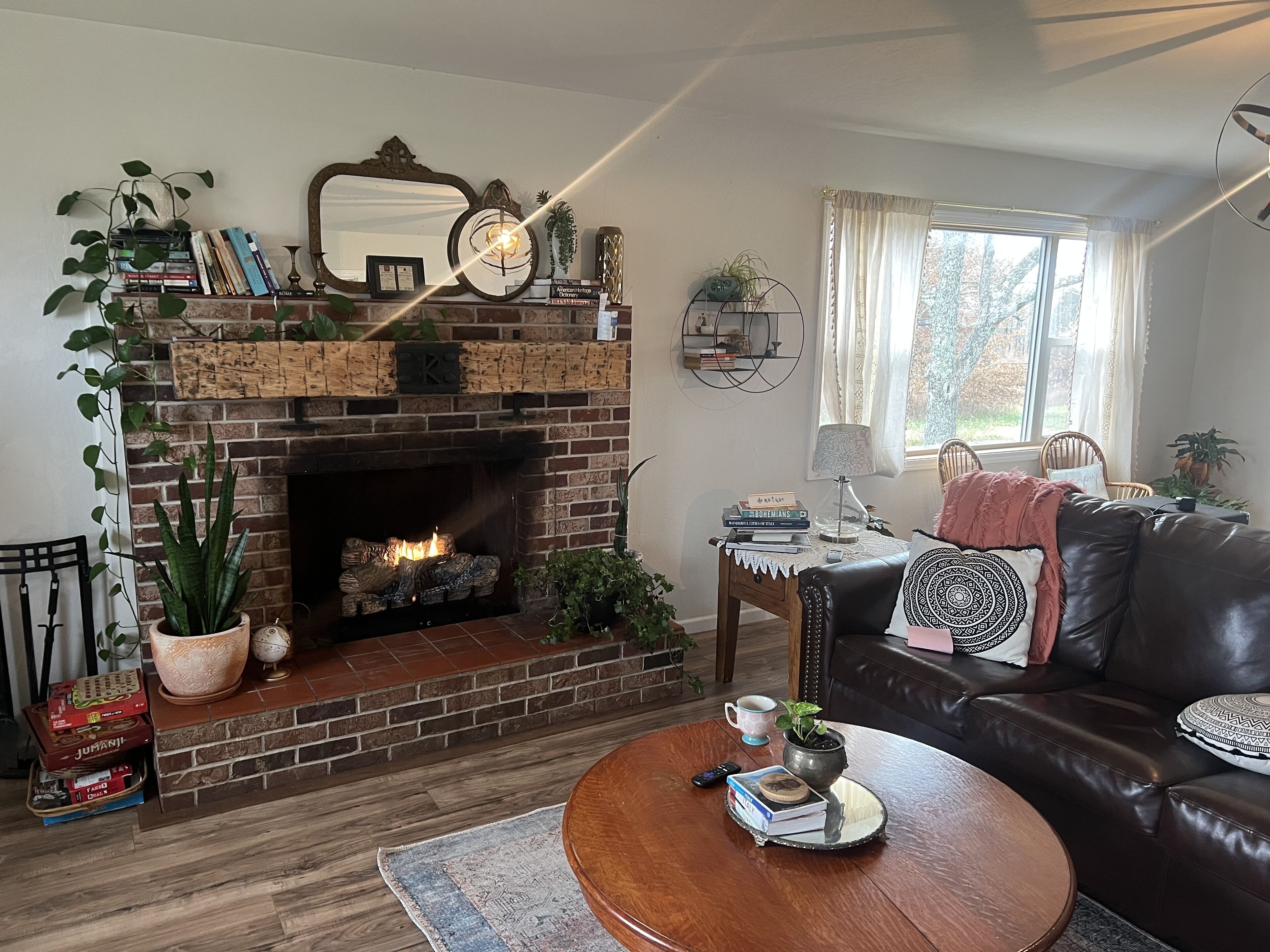 Smart TV, fireplace, books