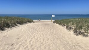 Un sentiero sabbioso che porta all'oceano, con una bandiera su un palo.
