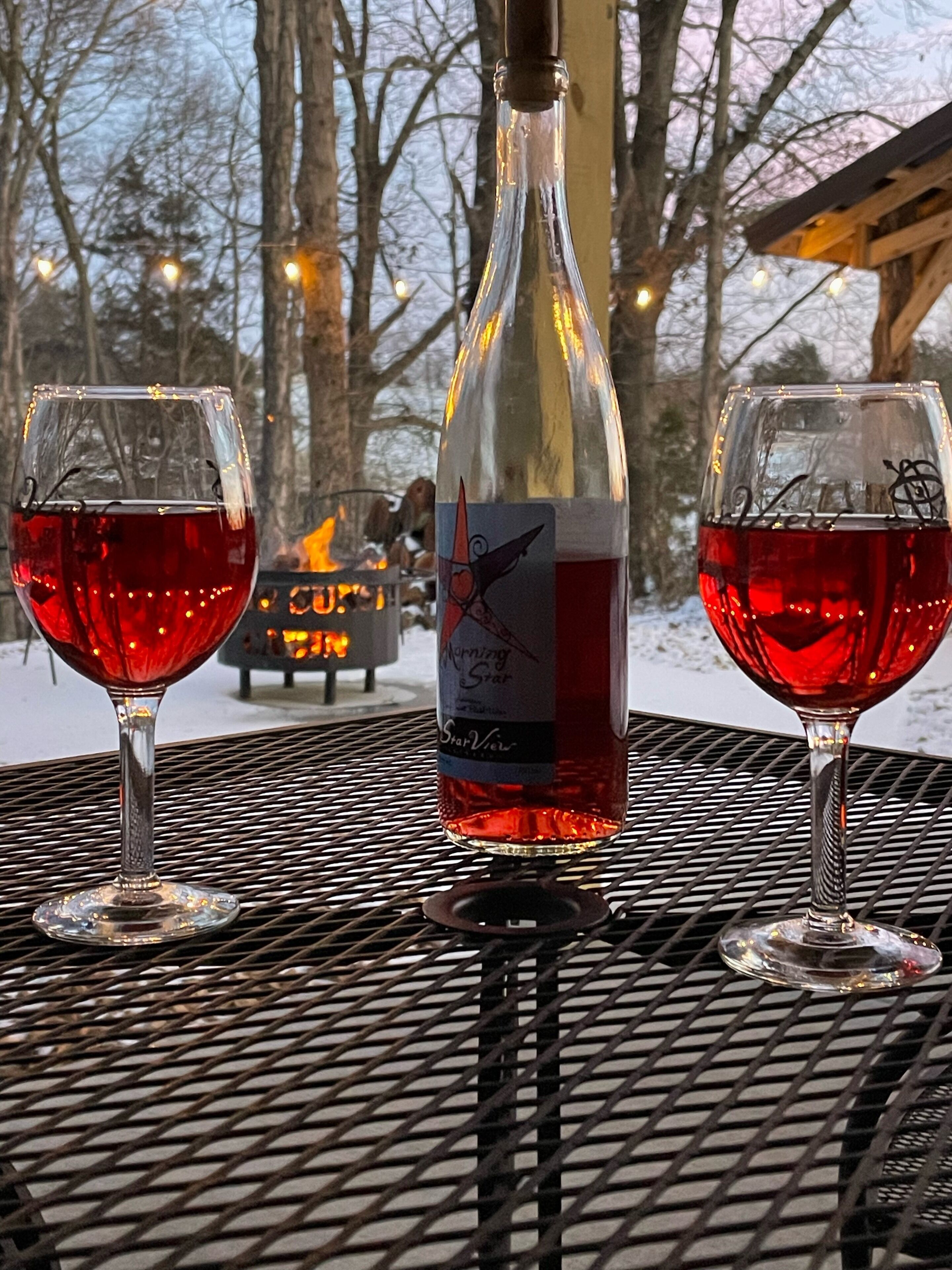 Two glasses of red wine on a metal table with a bottle in the center.