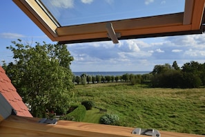 A room with a skylight, a view of a grassy field, and a distant body of water.