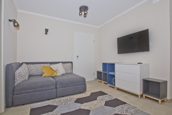 A modern living room with a grey sofa, patterned cushions, a flat-screen TV, a white cabinet, and a patterned rug.