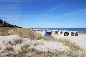 A beach with rows of beach huts and a sandy dune in the foreground.