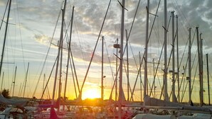 Un puerto deportivo con varios veleros amarrados, cielo despejado y el sol poniéndose al fondo.