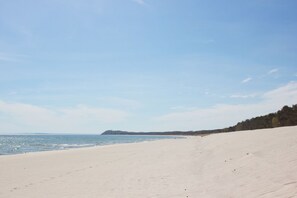 Ein weiter, sandiger Strand mit blauem Himmel und ruhiger See.