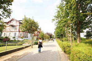A pedestrian pathway lined with trees and a historic building with a red and white facade. - Directly on the beach promenade, balcony with sea view - Aparthotel Ostsee FeWo 15 (Binz)